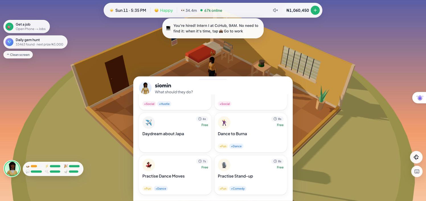 The in-game action menu with quick actions like Practise Stand-up and Dance to Burna