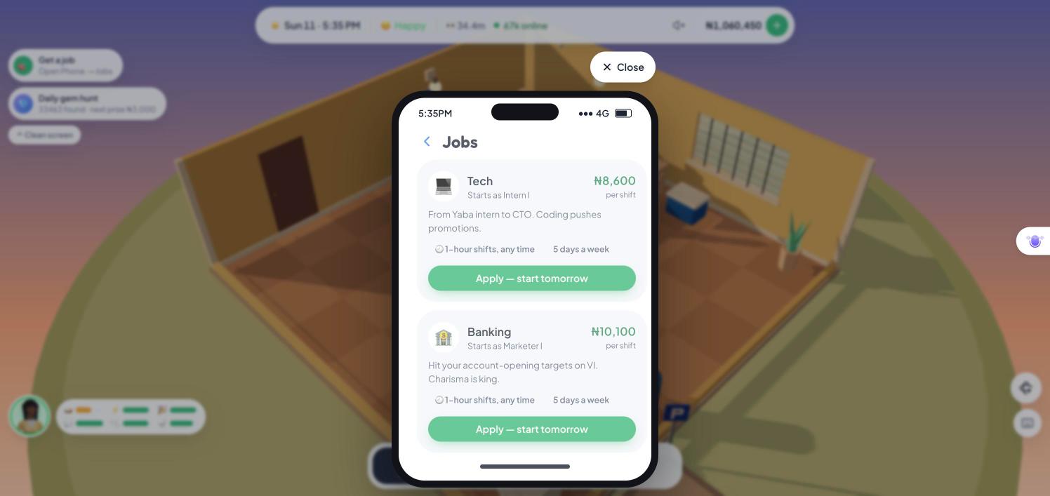 The in-game Jobs app showing Tech at ₦8,600 and Banking at ₦10,100 per shift