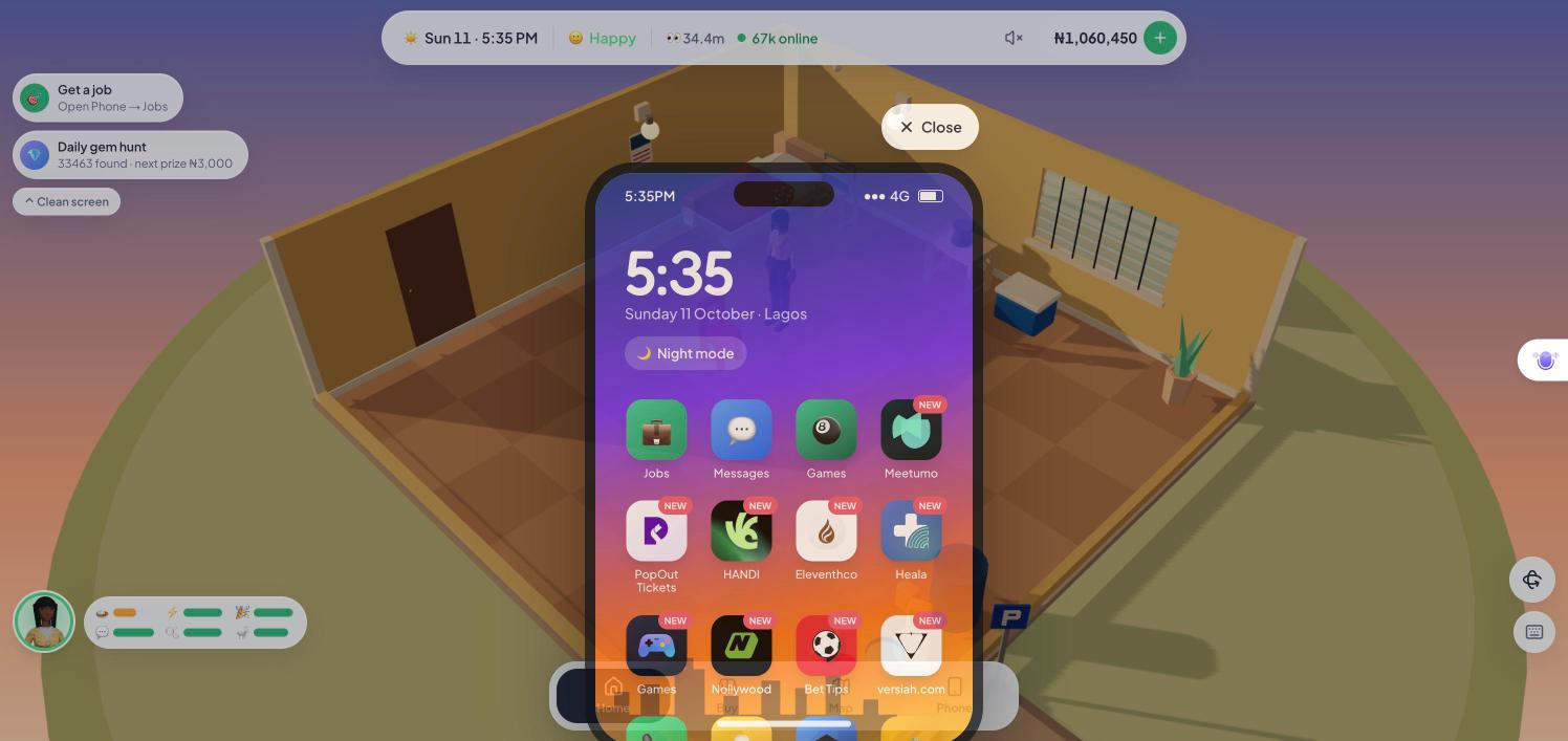 The in-game phone home screen with the Jobs app top-left